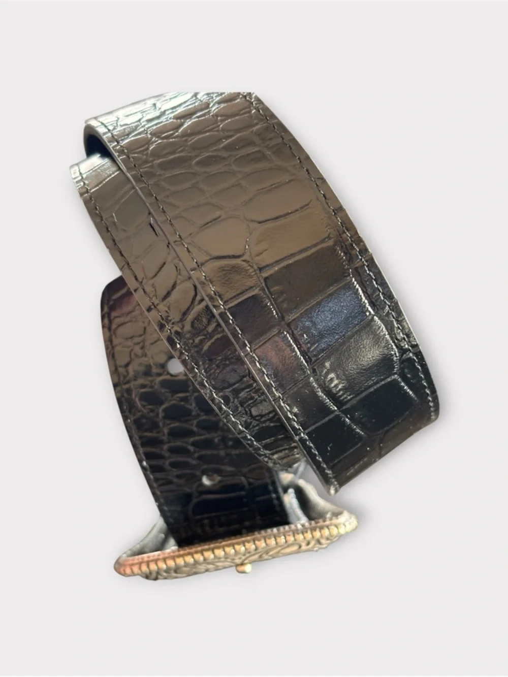 THE KOOPLES French Luxury Black Croc-Embossed Belt with Engraved Silver Buckle